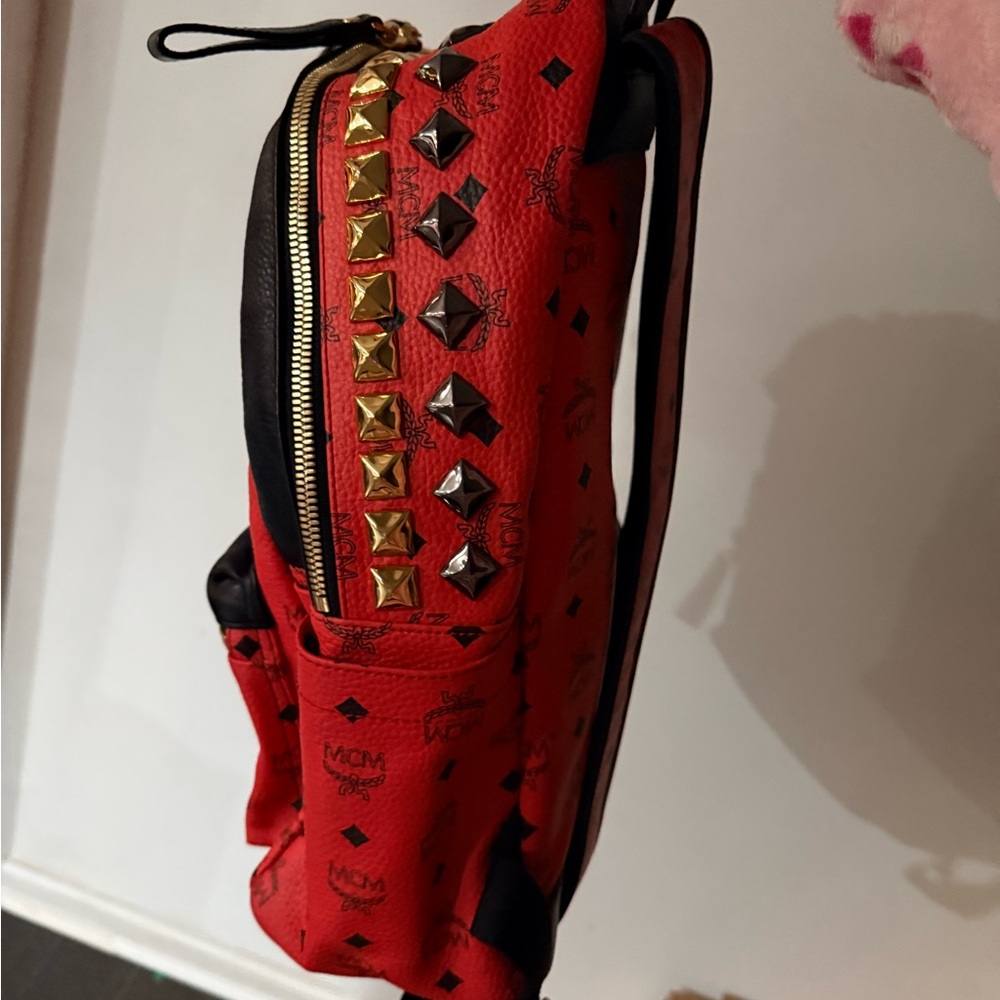 MCM Red and Black Studded Backpack - Picture 3 of 12